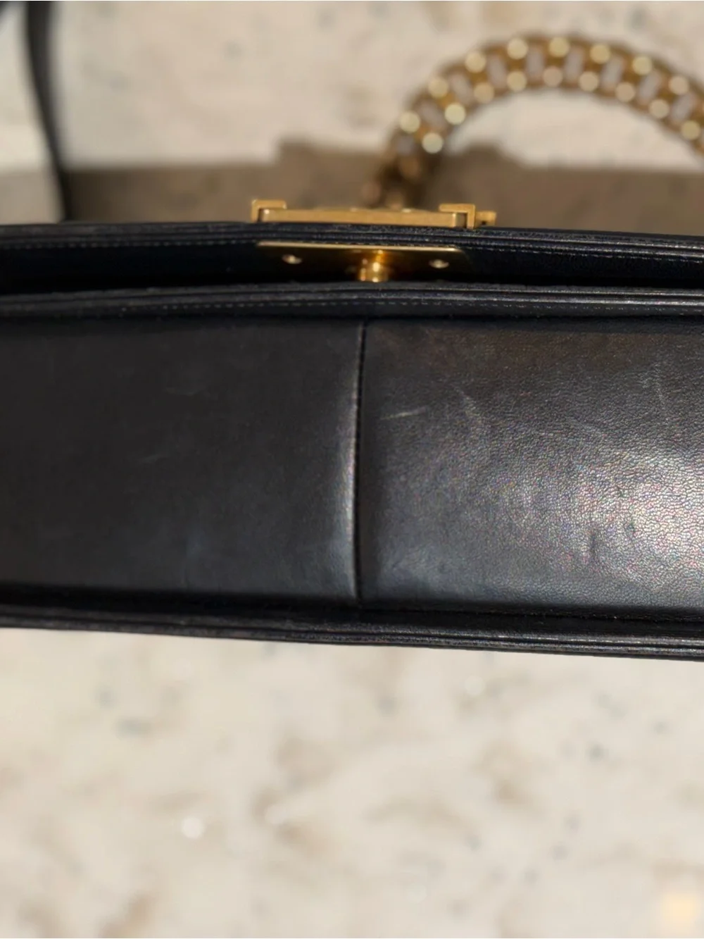 Chanel Boy Medium Black Quilted Lammakin Chain Shoulder Bag with Gold Hardware